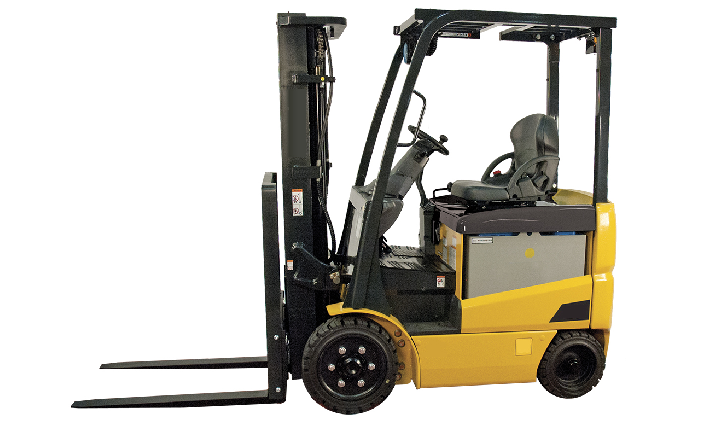A yellow forklift truck on a white background.