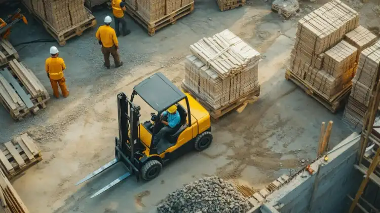 Forklift moving materials at an active Montebello job site