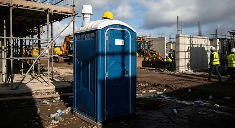 Portable restroom rental units placed on construction job site for worker use and compliance