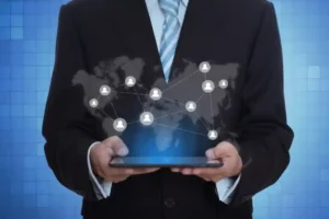 Business professional using a digital global network