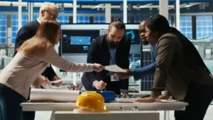Engineering team reviewing construction plans