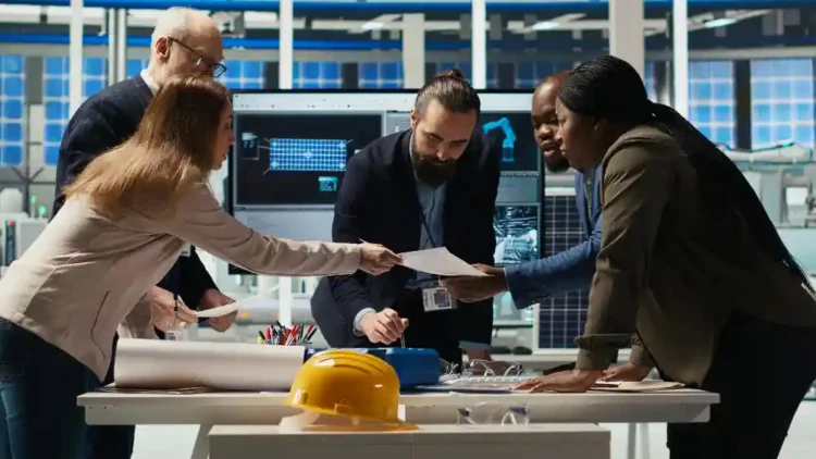 Engineering team reviewing construction plans