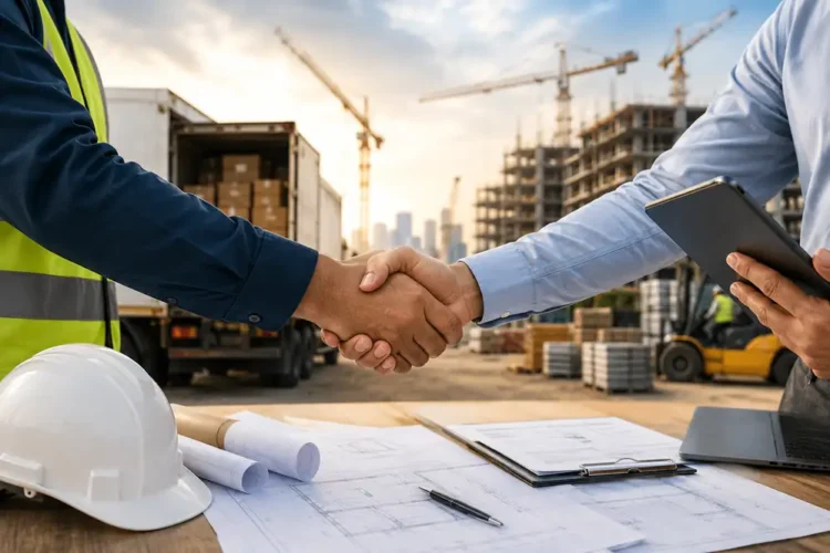 Construction professionals shaking hands at a construction site, representing the difference between a vendor and a procurement partner