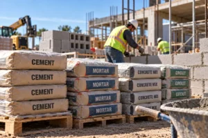 Bagged cement, mortar, concrete mix and grout stored on pallets at an active construction site.