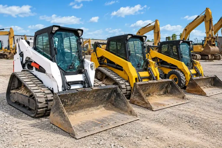 Compact track loaders and skid steers lined up with buckets in a construction equipment yard.