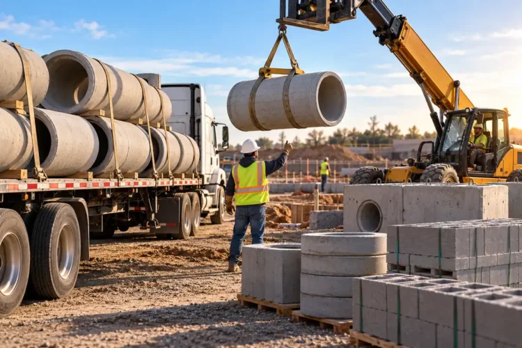 Construction crew unloading precast concrete pipes and concrete blocks at a construction site.