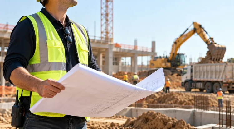 Construction site manager wearing safety gear and reviewing blueprints during excavation